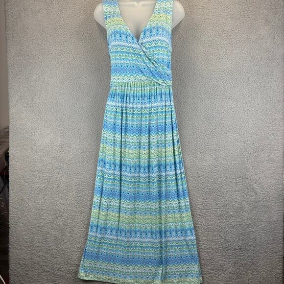 J Jill Dress Medium Blue Beachy Coastal Resortwear Cruise Stretchy Jersey Midi - Picture 2 of 8